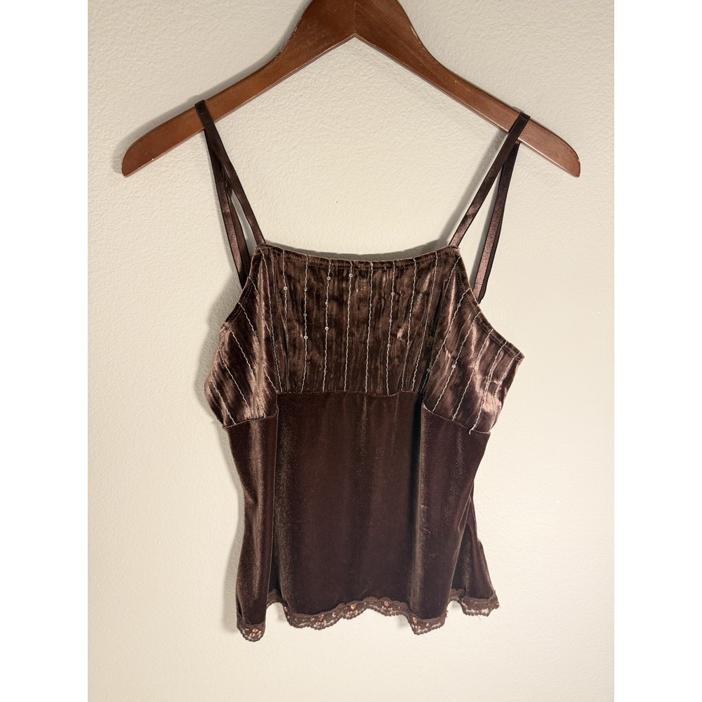 Womens Crushed Velvet Cami Top Size Juniors XL Brown Lace 90s Y2K Indie